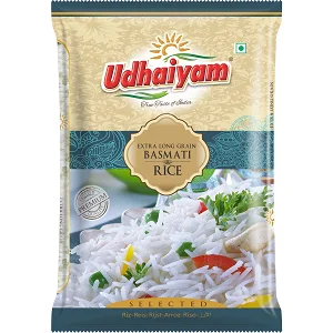 Udhaiyam Basmati Rice A Packet Of Udhaiyam Brand Extra Long Grain Udhaiyam Basmati Rice From Dm Traders Organic Store, Featuring An Image Of Cooked Rice With Vegetables On The Front.