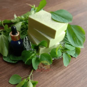 Kuppaimeni Soap - Kuppaimeni Soap Organic Kuppaimeni Soap Bars And A Blue Glass Dropper Bottle On A Bed Of Fresh Green Leaves With &Quot;Dm Traders Organic Store&Quot; Logo.