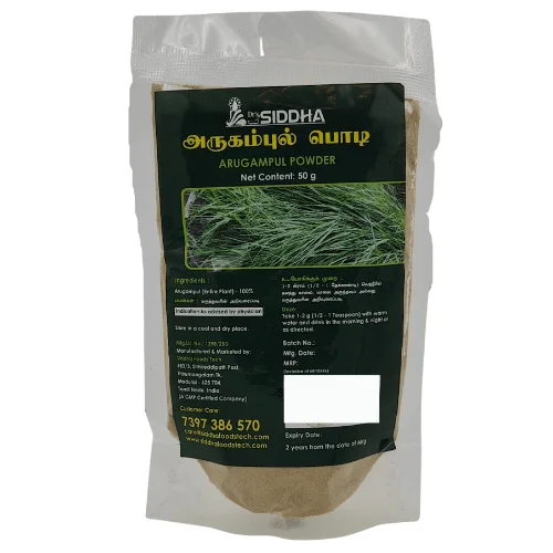 Arugampul Powder Packet Of Arugampul Powder / Bermuda Grass Powder For Detox, Immunity, And Skin Health From My Siddha With Green Label And Text In Tamil And English.