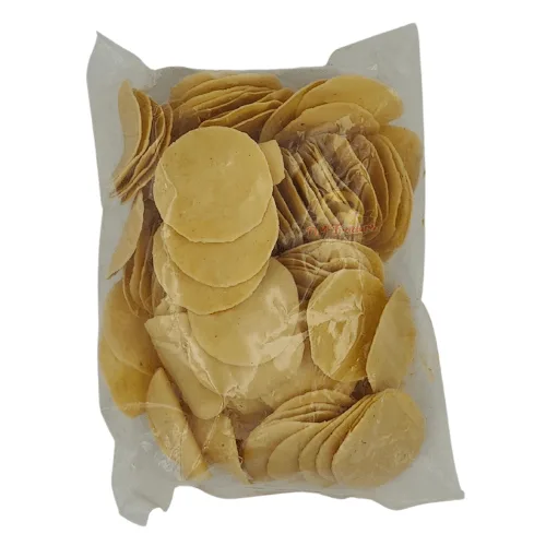 A Packet Of Round, Thin Dried Crackers In Clear Plastic Packaging.coins Appalam