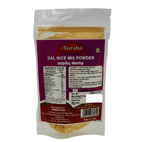 Dal Rice Mix Powder Package Of Sri Varaha Dal Rice Mix Powder With A Label Showing Nutritional Facts, Ingredients, And Product Information.