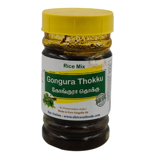 Gongura Thokku Rice Mix In A Yellow-Capped Jar By Shivasaaifoods.com, Labelled As Made In Pure Gingelly Oil With No Preservatives Added.