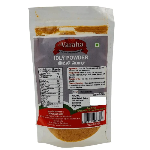 Idly Powder Idly Powder Packet From The Brand &Quot;Sri Varaha&Quot; With Ingredient List, Nutrition Facts, And Product Information.