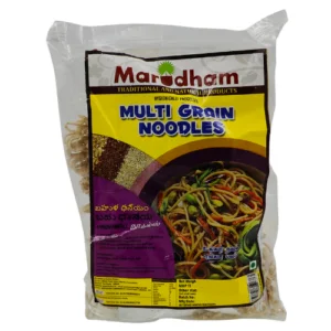 A packet of Marudham brand multi-grain noodles with an image of cooked noodles and colourful vegetables on the front. The packaging also displays various grains and nutritional information.