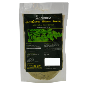 Packaging Of Dr. Siddha Murungai Ilai Powder – The Best Moringa Leaf Powder For Health, With An Image Of Moringa Leaves And Product Details Written In Tamil And English.