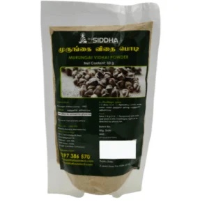 Murungai Vidhai Powder - Murungai Vidhai Powder A Packet Of Murungai Vidhai Powder And Moringa Seed Powder With Green And Yellow Text On A Black Label, Displaying Nutritional Information And Usage Instructions.
