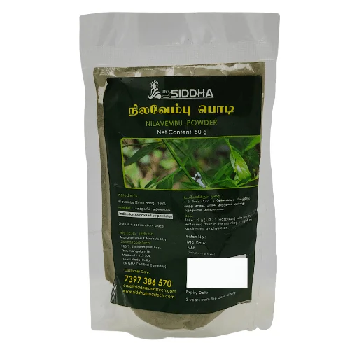 Nilavembu Powder A Packet Of Dr. Siddha Nilavembu Powder Or Kiratatikta Powder With 50G Net Content. The Packaging Includes A Label With Product Information And Customer Contact Details.