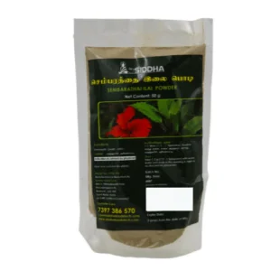 Sembarathai Ilai Powder - Sembarathai Ilai Powder Siddha Hibiscus Leaf Powder (Semparuthi Ilai Podi) Packet With A Green And Black Label, Featuring A Red Hibiscus Flower Image And Product Information In Tamil And English.