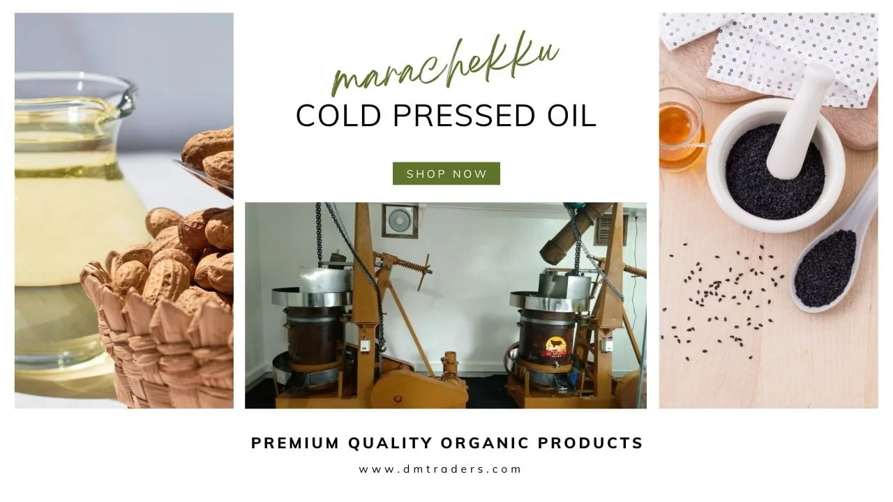 Cold Pressed Marachekku Oil Marachekku Cold Pressed Oil Advertisement Featuring A Basket Of Peanuts, Oil Extractors, And Black Sesame Seeds With A Mortar And Pestle. Text Reads &Quot;Shop Now&Quot; And &Quot;Premium Quality Organic Products.&Quot;
