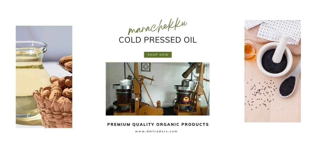 Dm Traders Chennai Cold Pressed Oil Advertisement Featuring Oil Extraction Machines And Organic Ingredients.